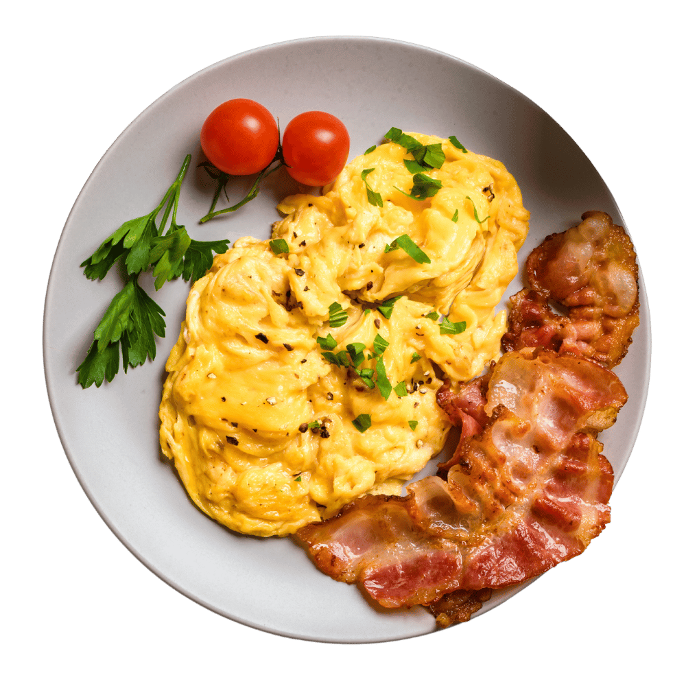 Grilled Tomato, Green Bacon & Two Slice Bread & Scrambled Eggs